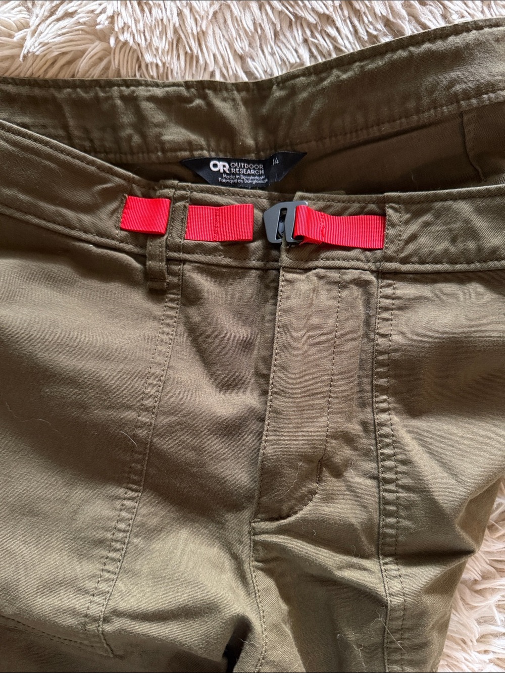 Outdoor Research Women’s Olive Cargo Pants with Red Webbing Detail